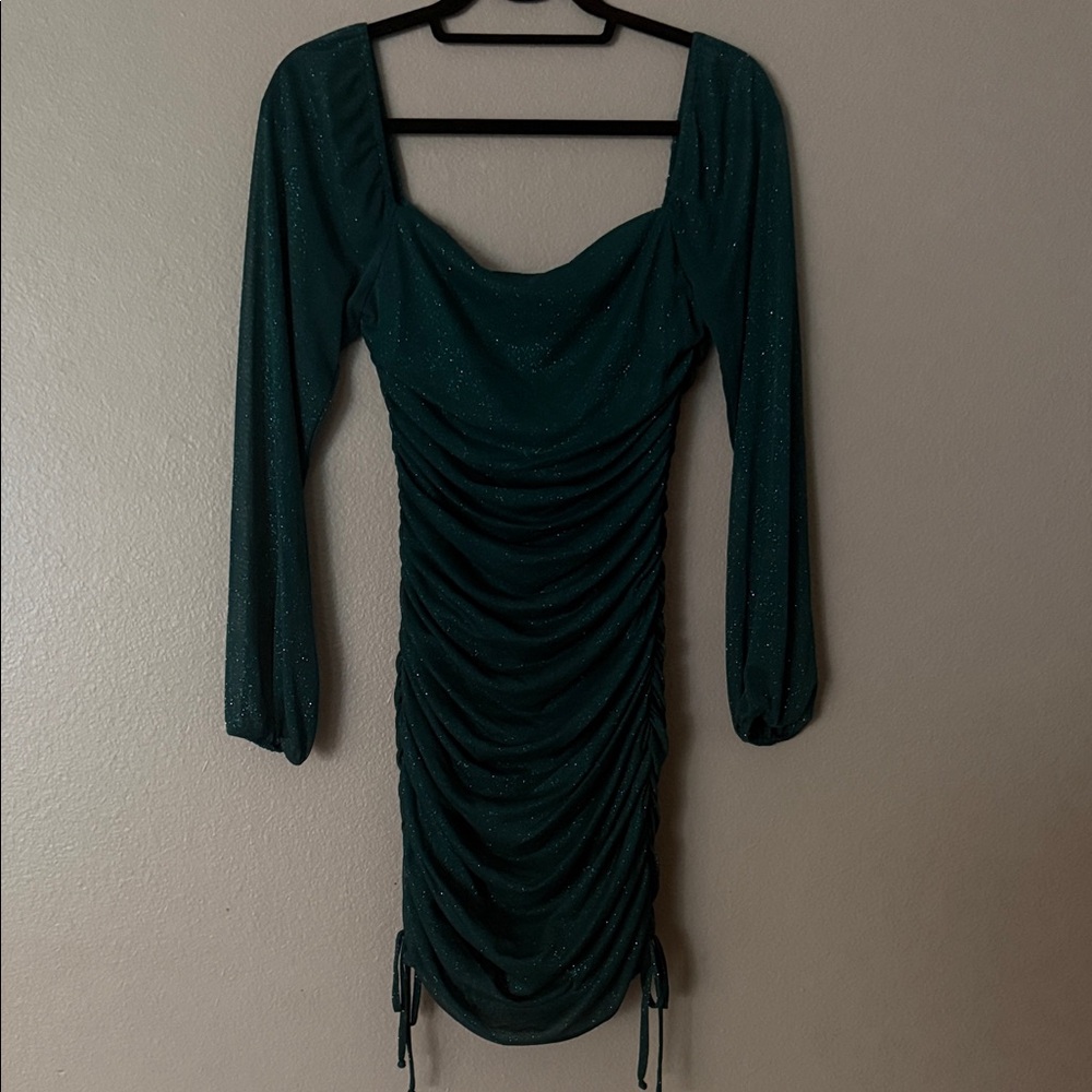 Jump Dark Teal Green Sparkle Ruched Long-Sleeve Square Neck Dress